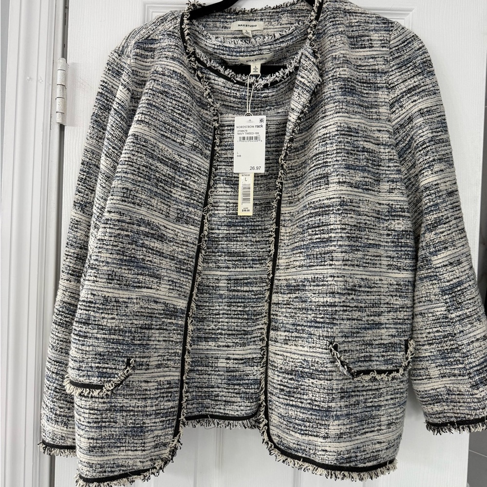 Max Studio Tweed Open Blazer, Shell Navy Blue Spring Summer Large Career Office